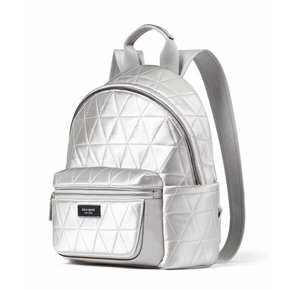 New Kate Spade Sam Icon Quilted Satin Small Backpack Silver - Picture 2 of 7